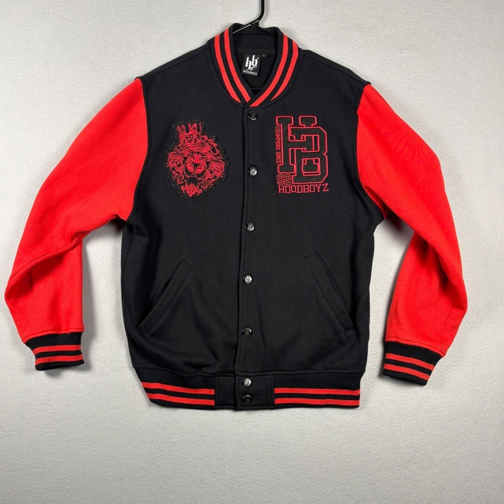 Hoodboyz Varsity Jacket Snap Button Lion Logo Large Black Red Y2k Streetwear